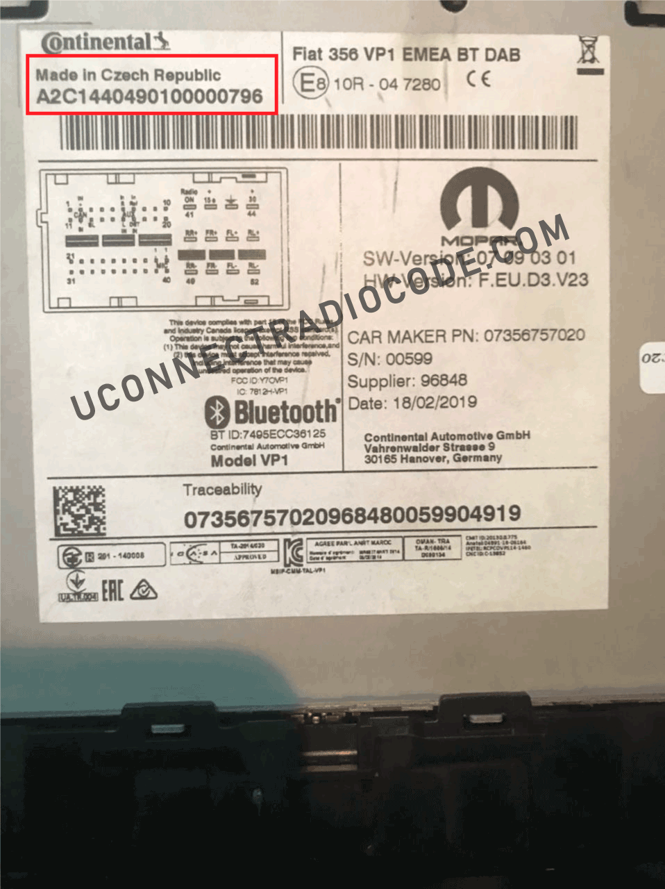 Fiat VP2 Czech Republic radio serial number