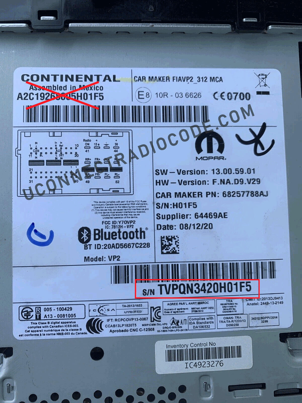 Continental FIAT VP2 anti-theft unlock code by serial