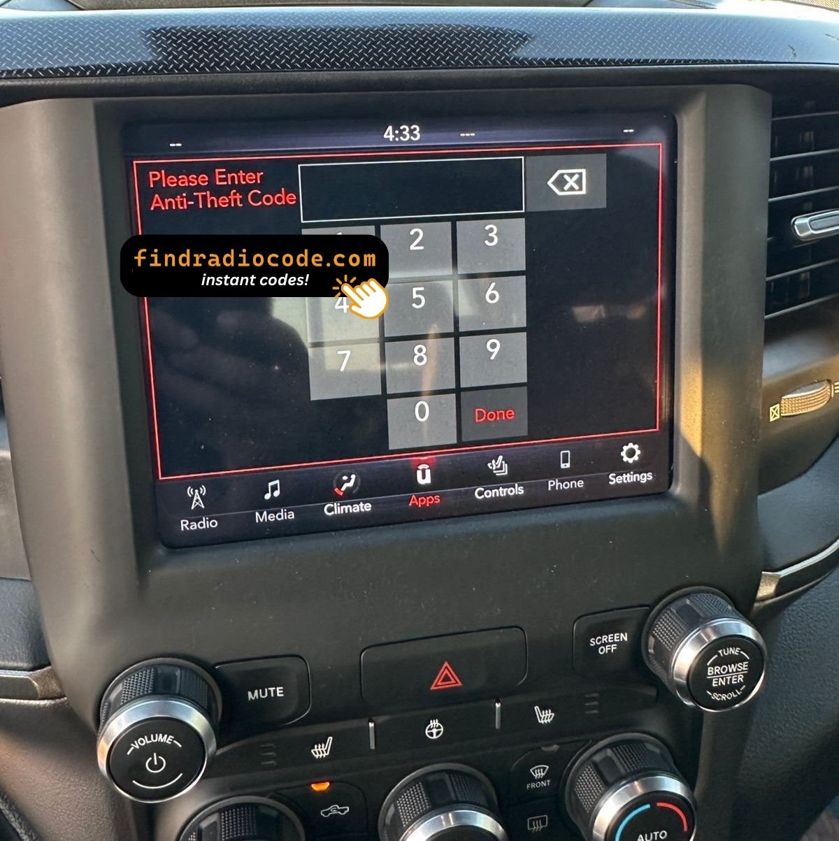 Jeep Uconnect radio screen asking for anti-theft code